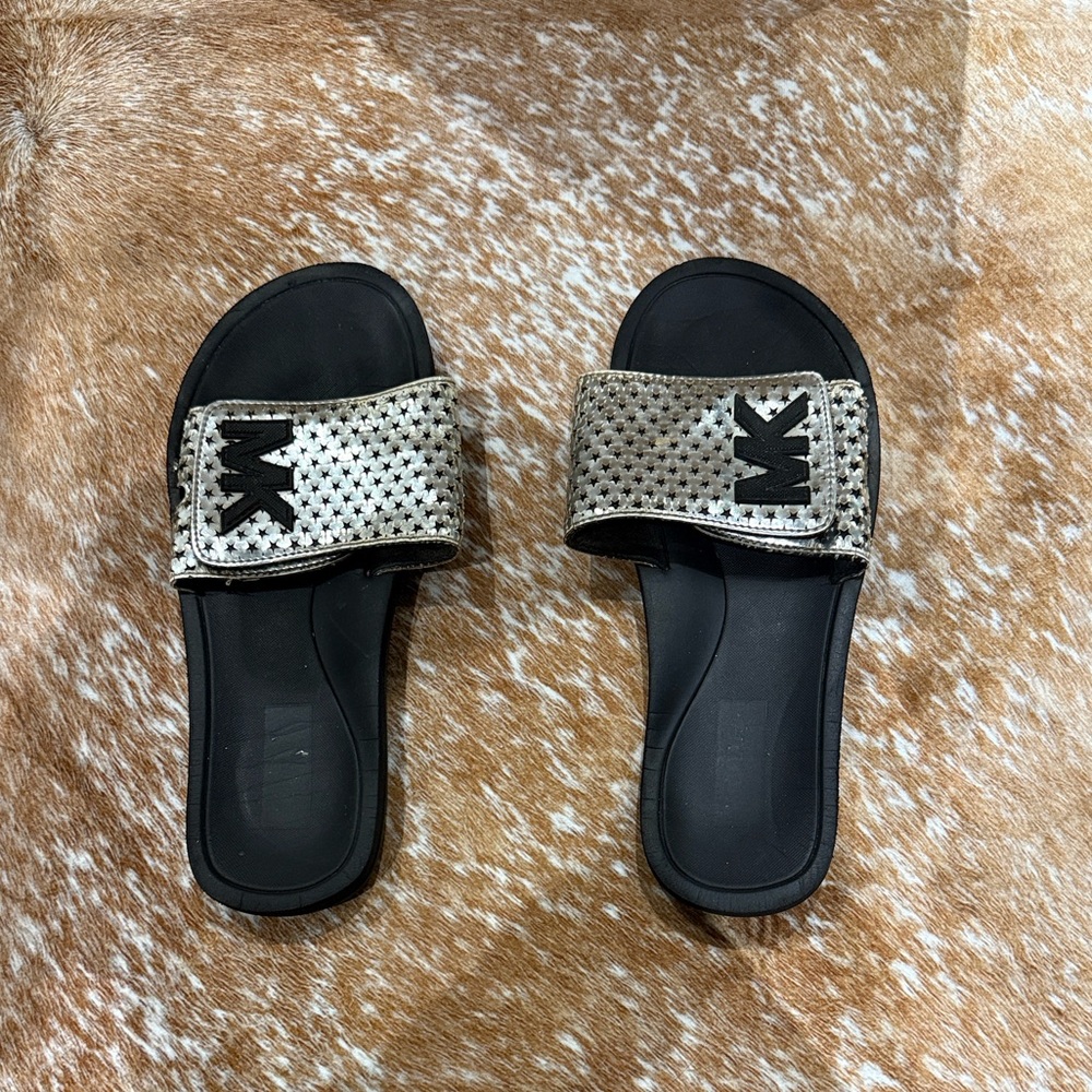 Michael Kors Black and Silver Perforated Star Slide Sandals